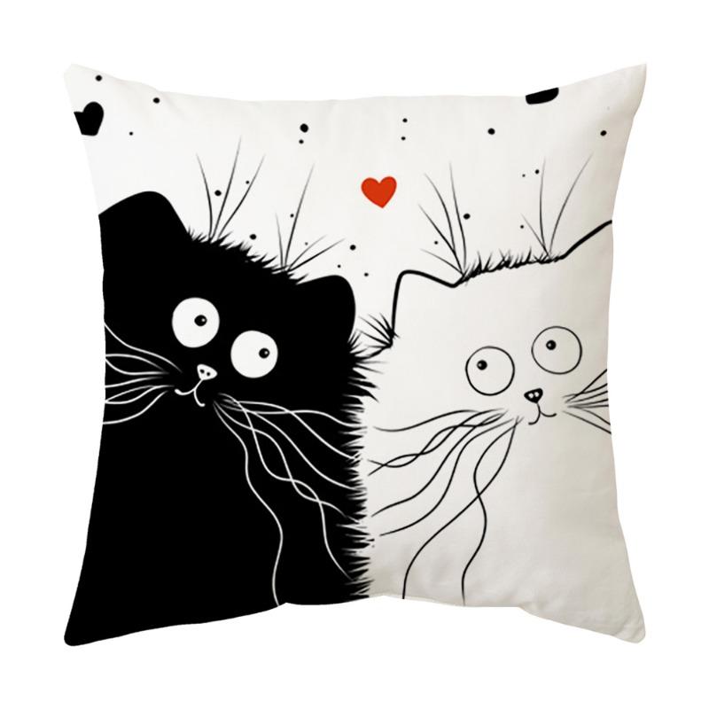 Cute Cartoon Black & White Cat Throw Pillow Covers, Minimalist Cat Couple Print Cushion Cases, Playful Cat Lover Home Decor