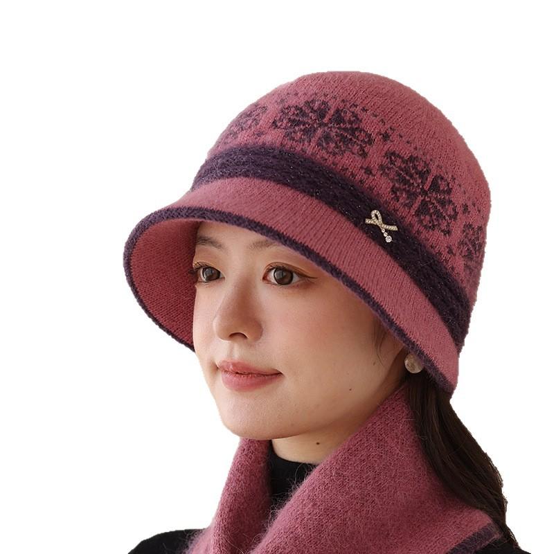 Thickened Color Matching Warm Hat To Prevent Cold Temperament Mom Basin Hat Fashionable and Versatile Hat for Middle Aged and Elderly People