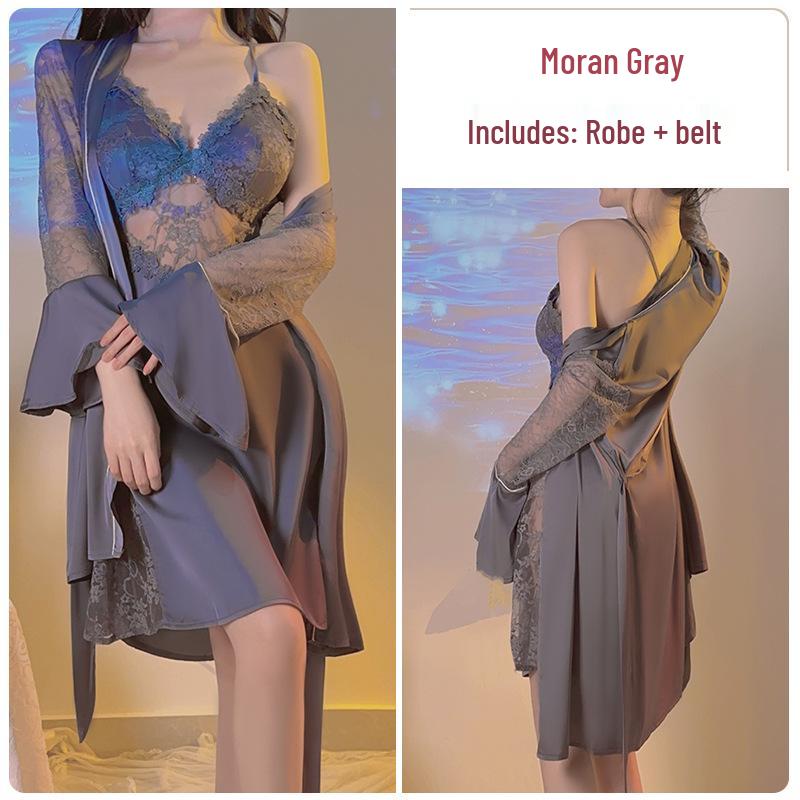 Satin Backless Lace Nightgown with Padded Deep V & Tie-Waist Robe Set