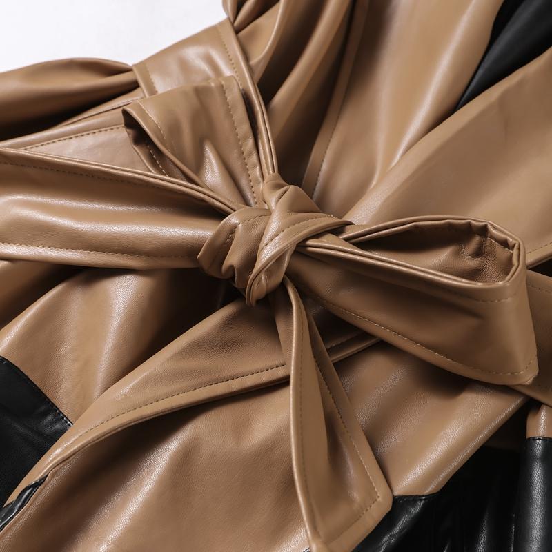 Contrast Leather Long Women Jacket Lace Up Lapel Long Sleeve Female Maxi Pu Jackets Autumn Winter Street Pocket Lady Coat