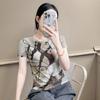 Womens Casual Abstract Print Slim Fit Short Sleeve T Shirt