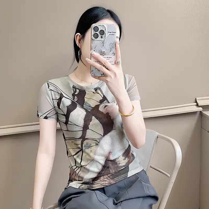 Womens Casual Abstract Print Slim Fit Short Sleeve T Shirt S серый