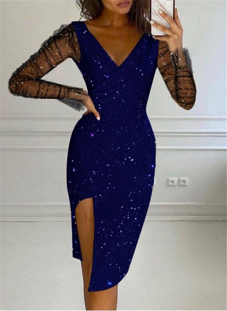 Women's V Neck Mesh Long Sleeve Glitter Bodycon Midi Dress Sexy High Slit Evening Party Cocktail Dresses