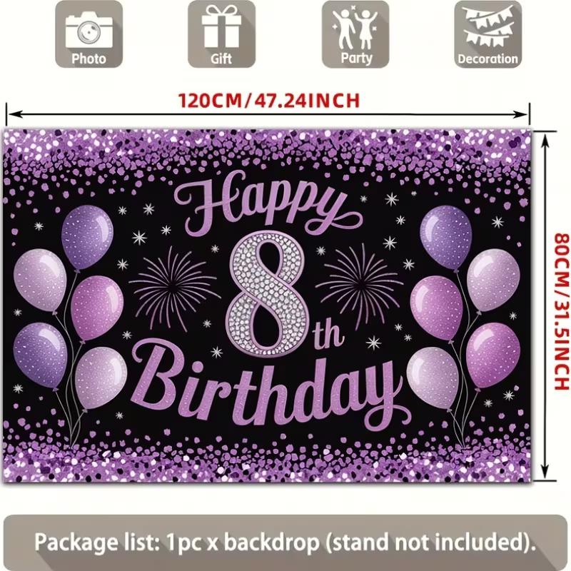 2D Purple Black 8th Birthday Backdrop with Diamond Number 8, Balloons & Fireworks Photography Background Banner