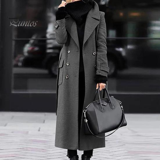 Slim Fit Lapel Coat Women Overcoat Double-breasted Turn-down Collar Cardigan Mid-calf Length Long Sleeves Pocket Jacket with Pockets OL Commuting