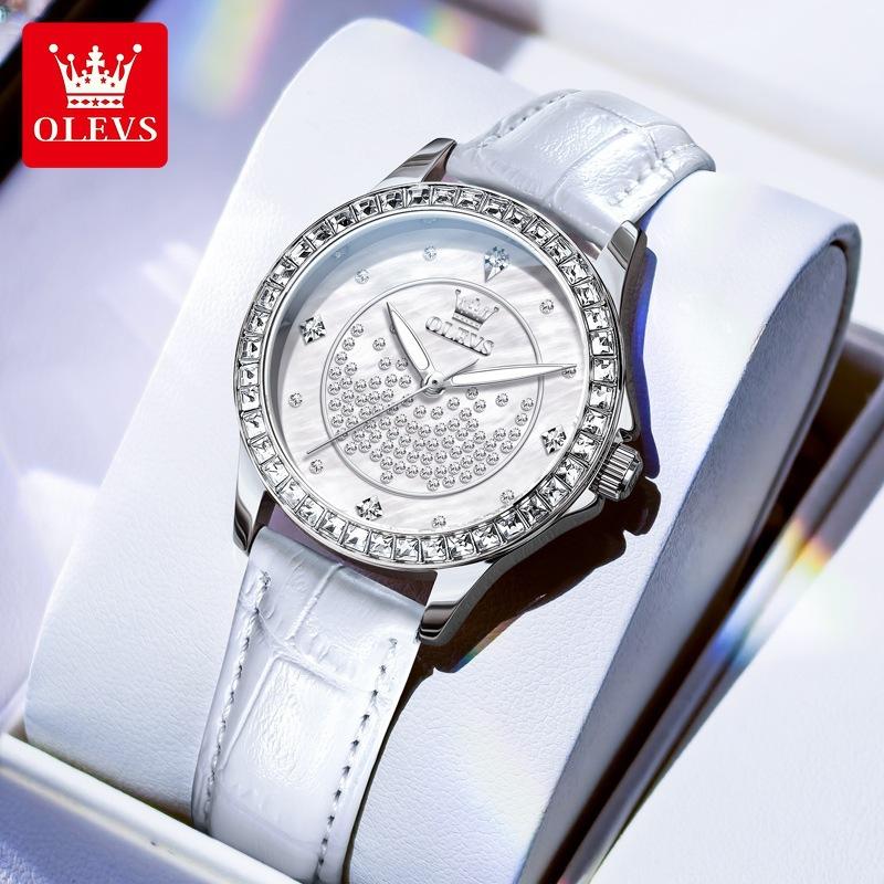 

OLEVS Ladies Watch Original Fashion Simple Quartz Wristwatch Waterproof Leather Strap Watches For Woman Diamond Bezel Watch серебряный/белый