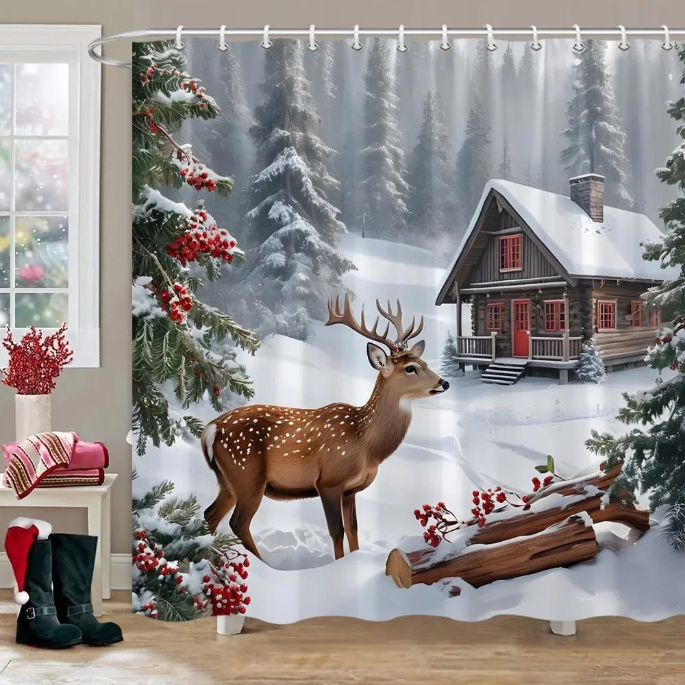 Winter Snow Forest Deer Shower Curtain Christmas Nature Landscape Christmas Gift Polyester Fabric Shower Curtains Bathroom Dec