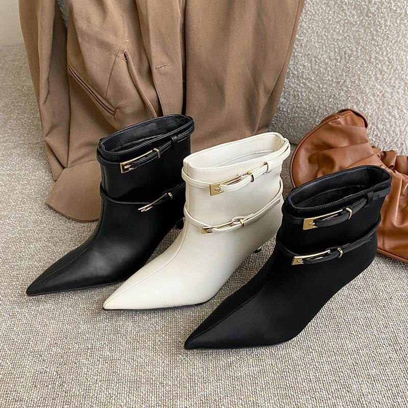Fashion temperament pointed black women's short boots women's new autumn and winter thin heel leather boots versatile high heels
