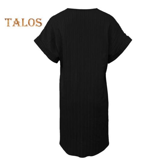 Summer Mini Dress Short Sleeves V Neck Loose Pure Color Dress Bohemian Buttons Casual Dress for Beach Vacation Daily Wear