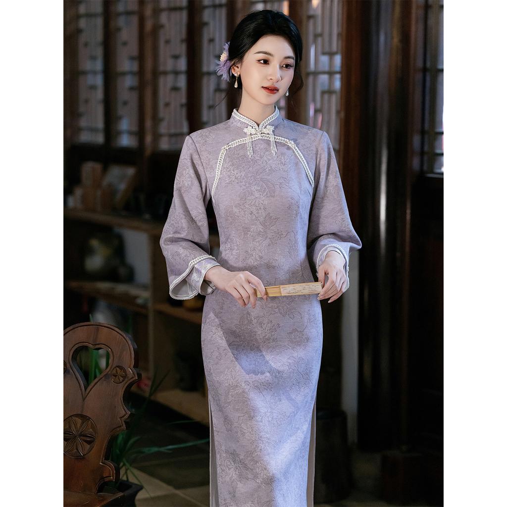 Purple jacquard autumn and winter national style new Chinese long-sleeved cheongsam improved young women's retro daily can
