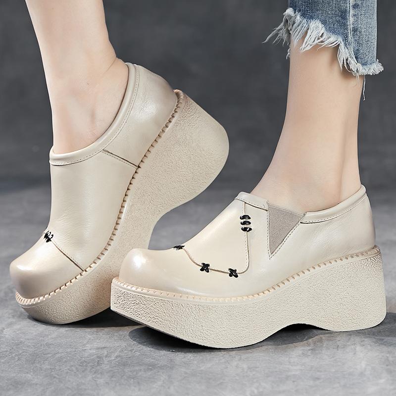 Fashion 6.5CM Handmade Wedges Heel Shoes Women Wide Head Design Genuine Leather Slip On Loafers Comfort Versatile Casual Lady Shoes