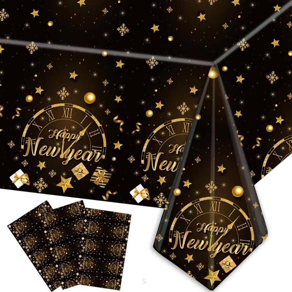 Cute Plastic New Year Tablecloth Black Gold Disposable Disposable Tablecloths Bronzing Table Decoration Table Cover New Year