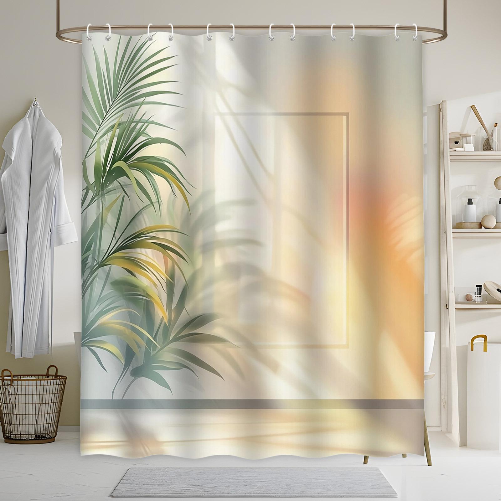 

Polyester Shower Curtain - Palm Leaf Gradient Design, Golden Glow, Tranquil Scene, Machine Washable, Modern Bath Decor W90xH180cm