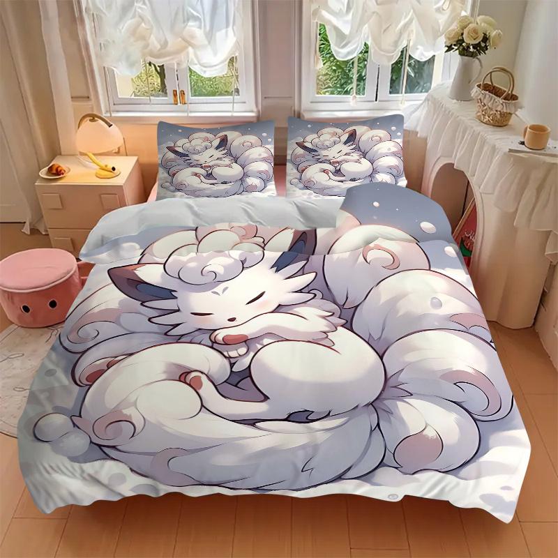 3pcs Nine Tailed Fox Cute Cartoon Design Printed Bedding Set, Soft and Comfortable Quilt Cover for Bedroom, Guest Room (1 Duvet Cover + 2 Pillowc