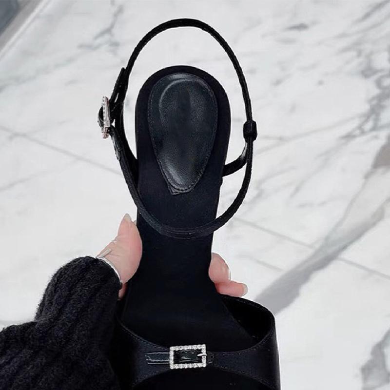 Sparkling Diamond Buckle Stiletto Heels Women's 2024 New Black Versatile Slotted Buckle Strap Open Toe Square Toe Sandals
