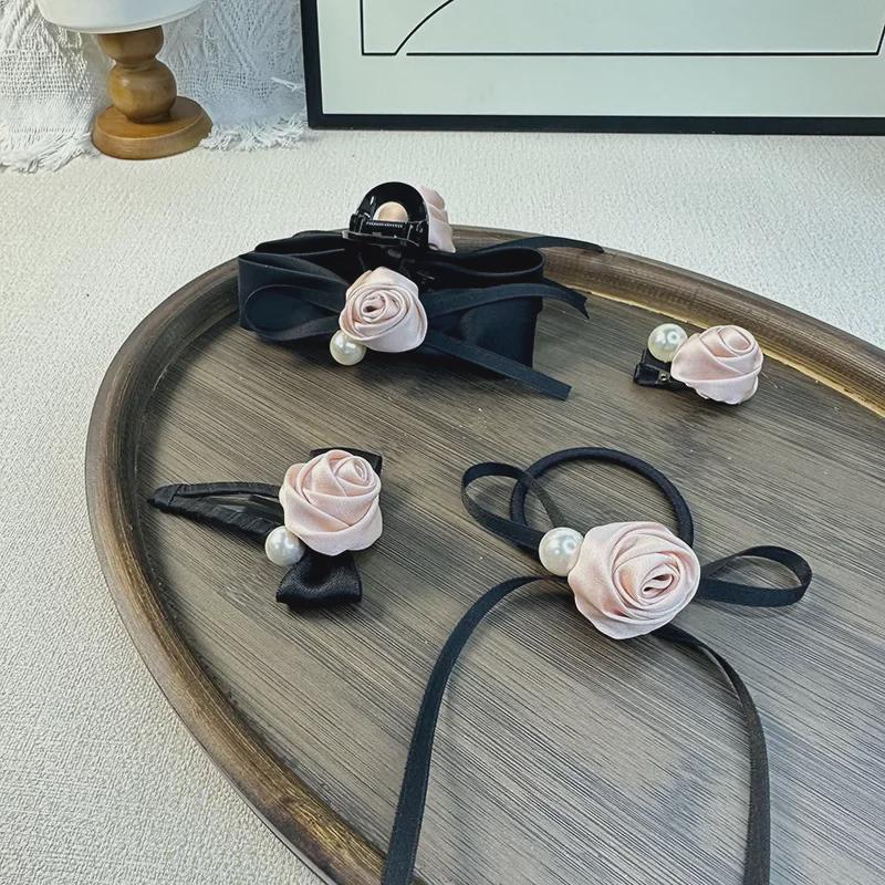 Elegant Pink Rose Satin Butterfly Hairpin & Hair Rope for Women