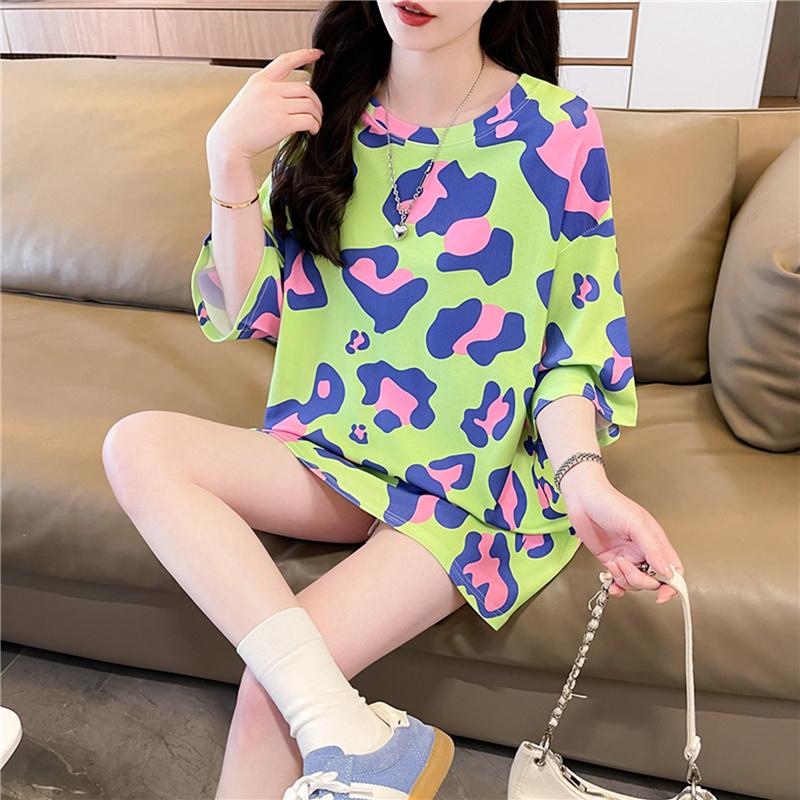 Korean Leopard Print Oversized Long T-shirts Fashion Large Size T-shirt Summer Women Green Y2k Tops Harajuku Hip Hop Streetwear