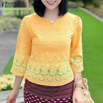 Blouse Décontractée à Manches 3/4 et Col en V pour Femme avec Imprimé Ample