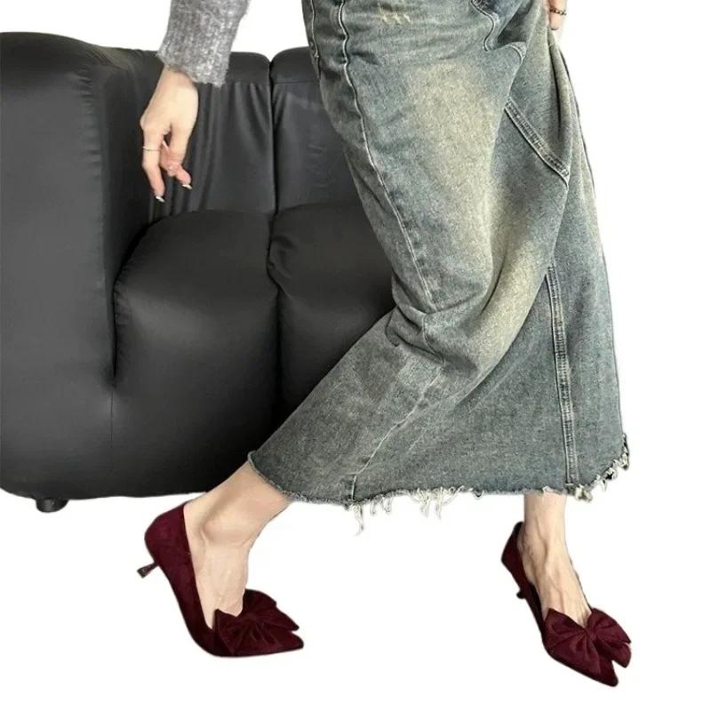 Fashion Elegant Woman Heeled Shoes 2025 Slip On Women's High Heels Fashion Dress Pumps Women Bow Tie Pointed Toe Thin Heels Solid Shoes