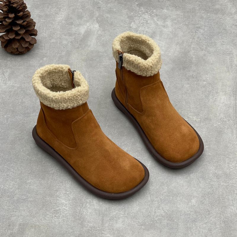 Johnature Genuine Leather Plush Warm Cotton Boots Casual Thick Soled Round Toe Flat Women's Short Boots