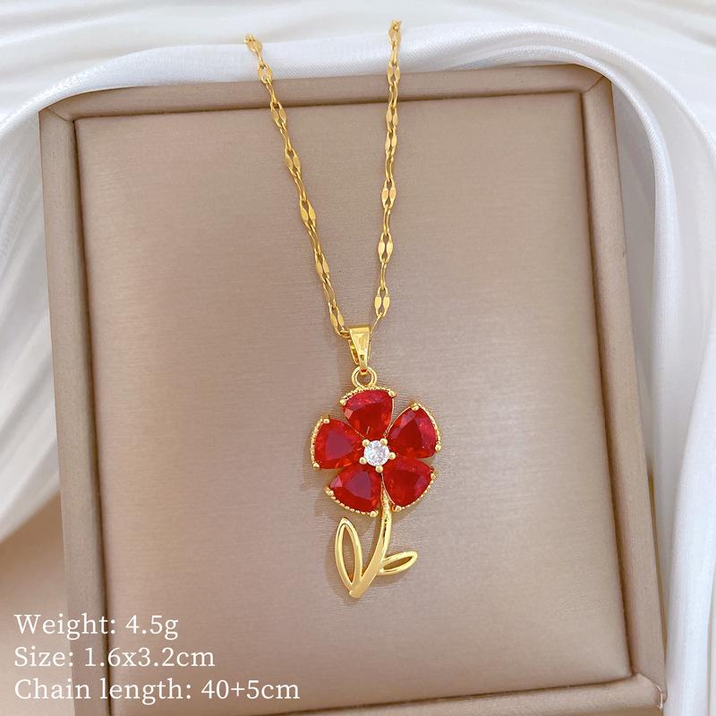 

Vintage Red Zircon Flower Pendant Necklace for Women Stainless Steel Chain Simple Flower Jewelry Accessories Gifts for Friends