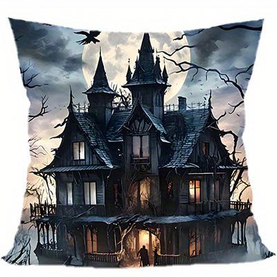 Short Plush Material Pillowcasehome Decor Haunted House With Moon And Ravens Pillow Cover Pattern Cushion Cover Suitable For Sof