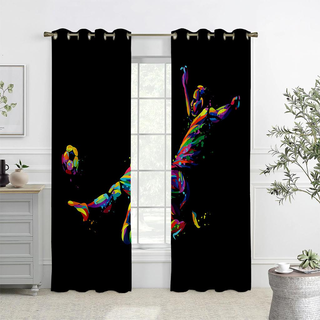 3D Colorful Football Ink Splashing Design Art Curtains, 2 Panels, Kids Room, Bedroom, Living Room, Balcony Decor