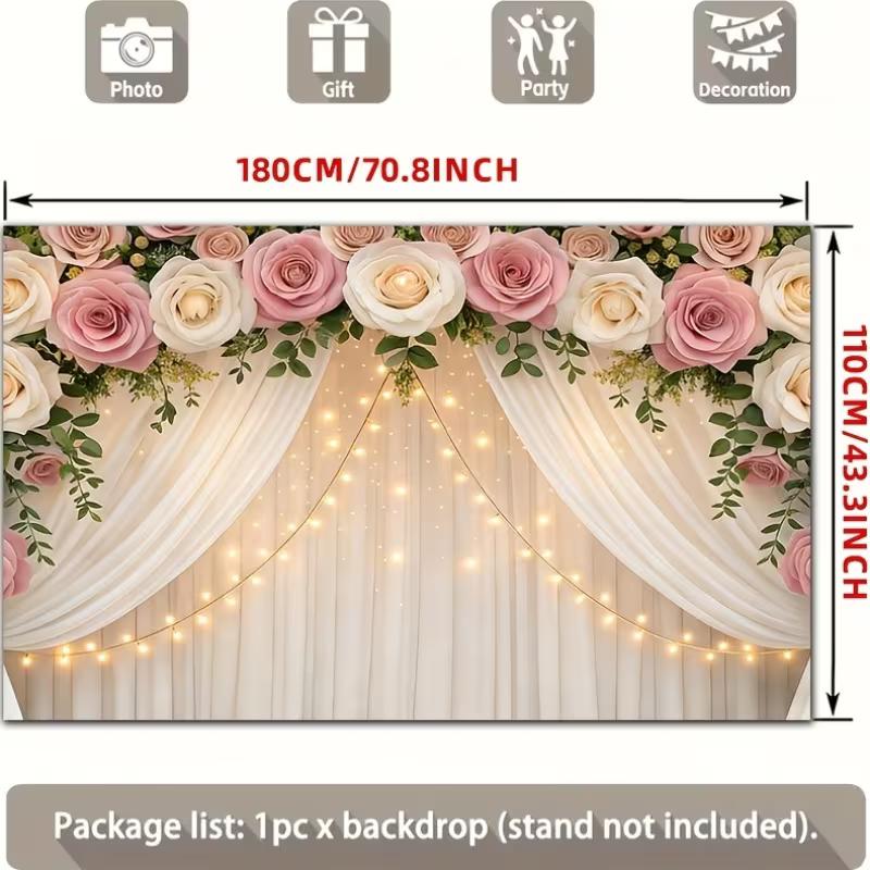Pink Rose Curtain Wedding Tapestry, Floral Fairy Light Background Cloth, Romantic Party Backdrop