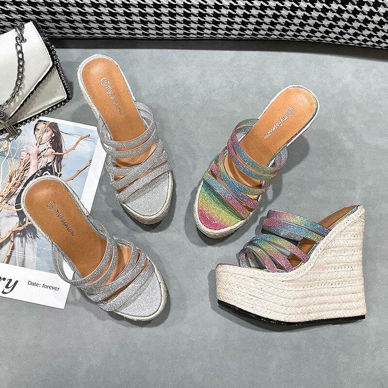 Letnie sandały na koturnie dla kobiet na platformie z plecionymi sznurkami konopnymi na wysokim obcasie