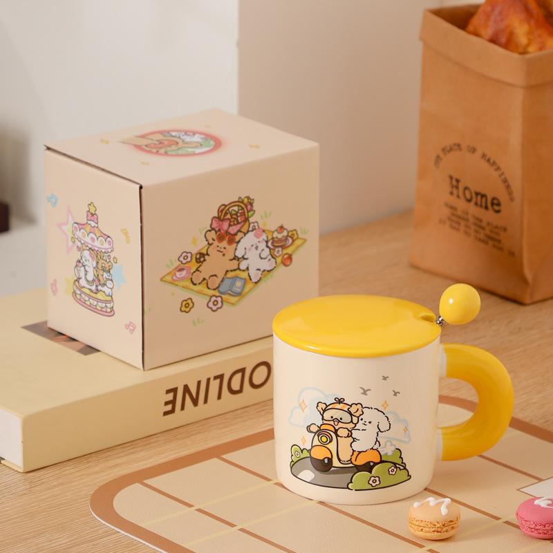 Roztomilý kreslený štěně keramický hrnek s víčkem lžičkou kancelář pár hrnek na pití vody káva dárek k narozeninám žena