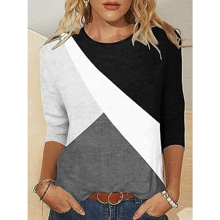 Jarní a podzimní top s kulatým výstřihem, 3D barevným blokovým potiskem, módní ležérní dámské tričko s dlouhým rukávem