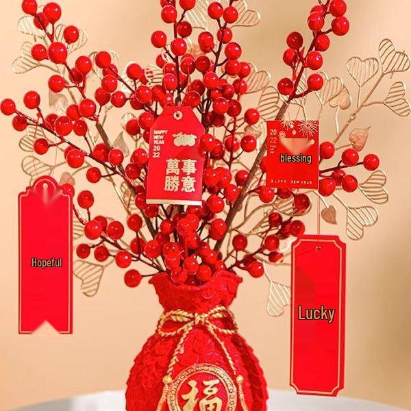 Fortune Red Fruit Floral Arrangement - Artificial Flowers for Living Room, New Year, Wedding, or Housewarming Decoration