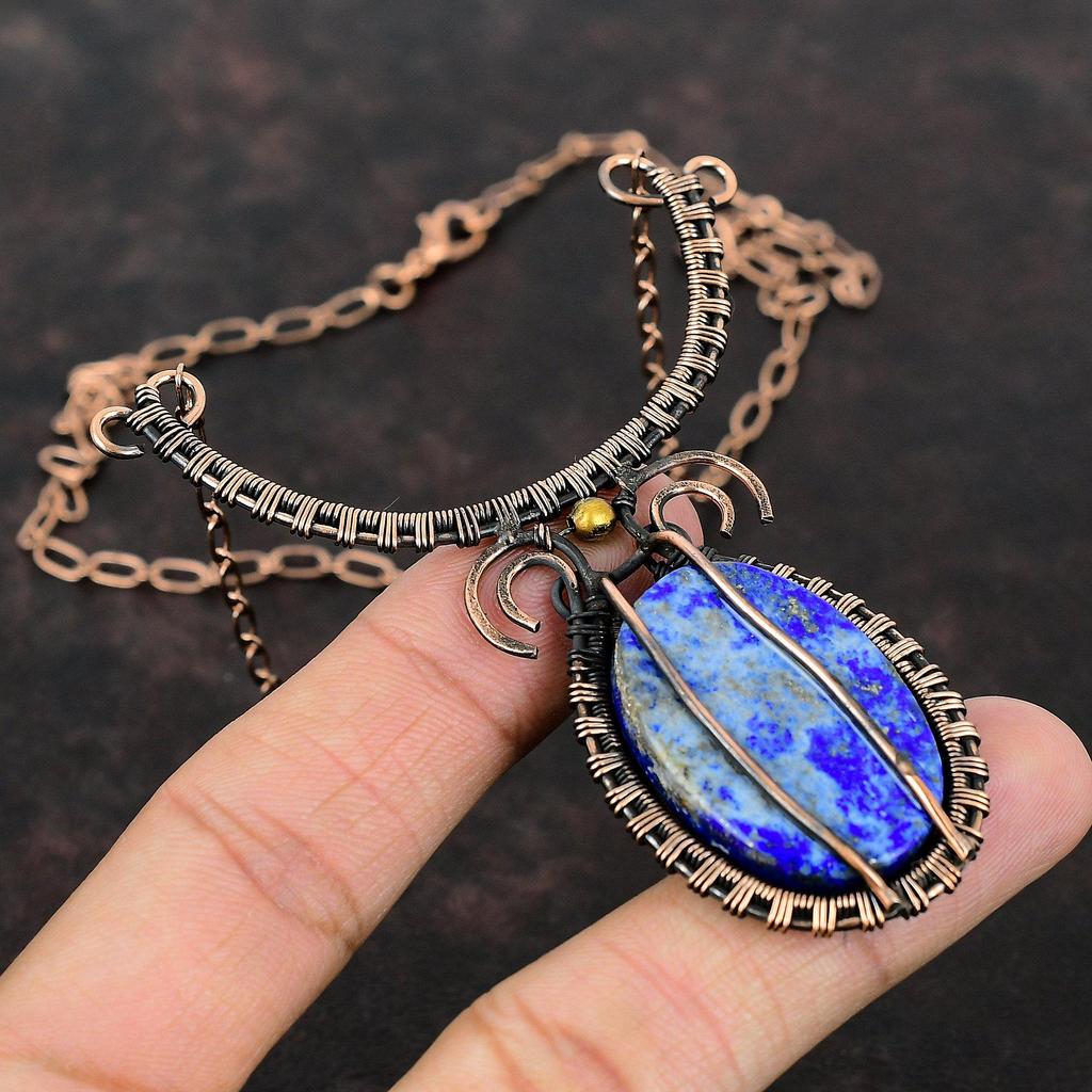 Lapis Lazuli Necklace Copper Wire Wrapped Gemstone Jewelry Adjustable Necklace Copper Wire Wrapped Necklace Handmade Jewelry Engagement Gift