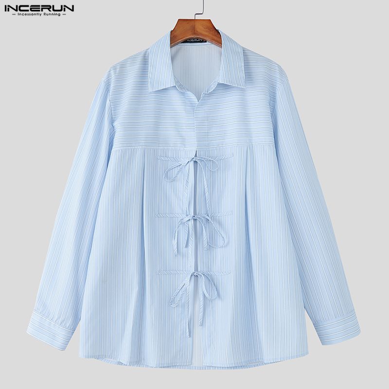 INCERUN Men Lapel Neck Long Sleeve Striped Print Bow Knot Casual Oversized Shirts