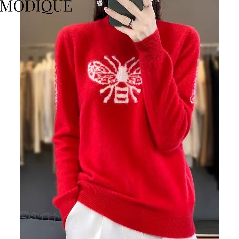 

MODIQUE 2023, осень-зима, большие размеры, новый женский свободный универсальный шерстяной вязаный свитер с бабочкой, женский повседневный пуловер с длинным рукавом и высоким воротником, весна