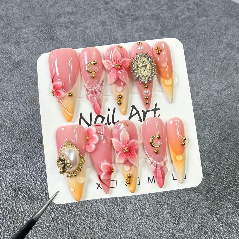 3D Floral Geprägte Französische Spitze Aufstecknägel Langer Spitzer Stil Süß Schick Gel-ähnliche Acrylnagelspitzen Damen