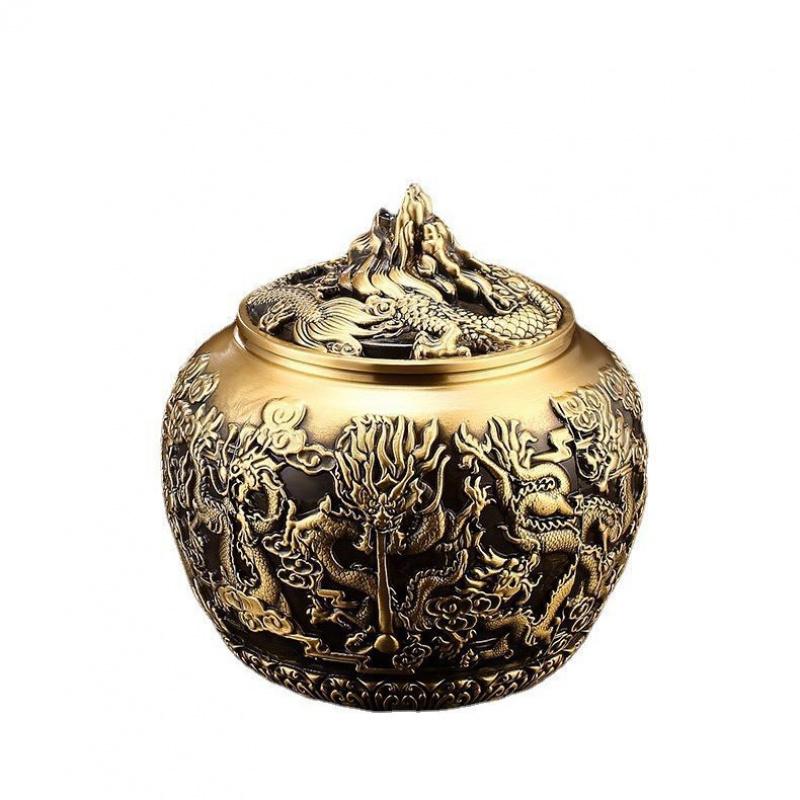 Brass High-end Nine Dragon Tea Leaf Canister Sealed Dry Goods Grain Storage Box Moisture-proof Storage Jar Ornament