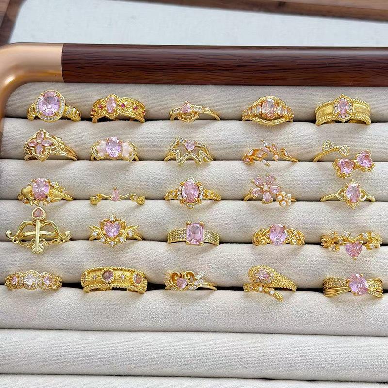 Medieval Vintage Pink Zircon Colored Treasure Open Ring Niche Light Luxury High Sense Stacked With Diamond Rings Woman