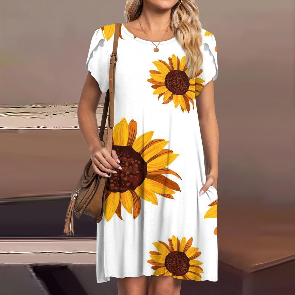 Womens Summer Short Sleeve Dresses Casual Loose Crewneck Dress Swing Comfy Beach Sundress With Pockets