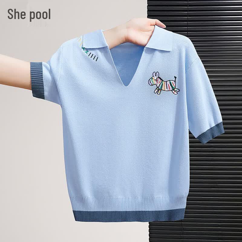 Women s Cartoon Embroidered Contrast Collar Knit T-Shirt One Size синий