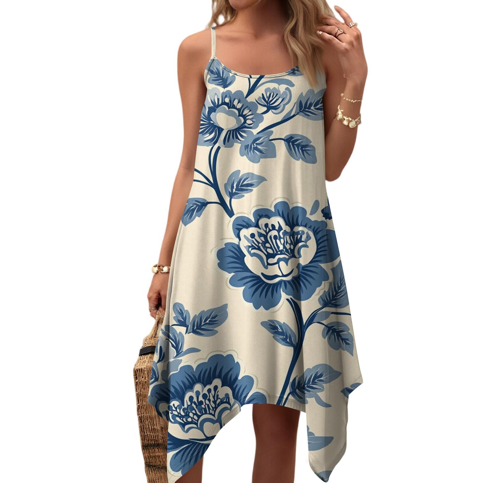 

Женское летнее повседневное винтажное платье на регулируемых бретелях с круглым вырезом и цветочным принтом, с карманами XL небесно-голубой