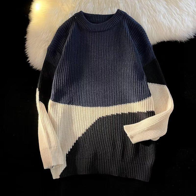 

Контрастный свитер для мужчин на осень и зиму, нишевый дизайн, модный свитер, свитер в ленивом стиле, свободная куртка 2XL