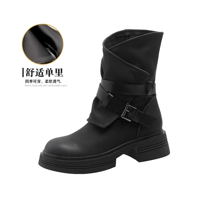 New spot short boots women's 2025 autumn and winter new inner height increase Martin boots women's boots retro belt buckle thick heel western