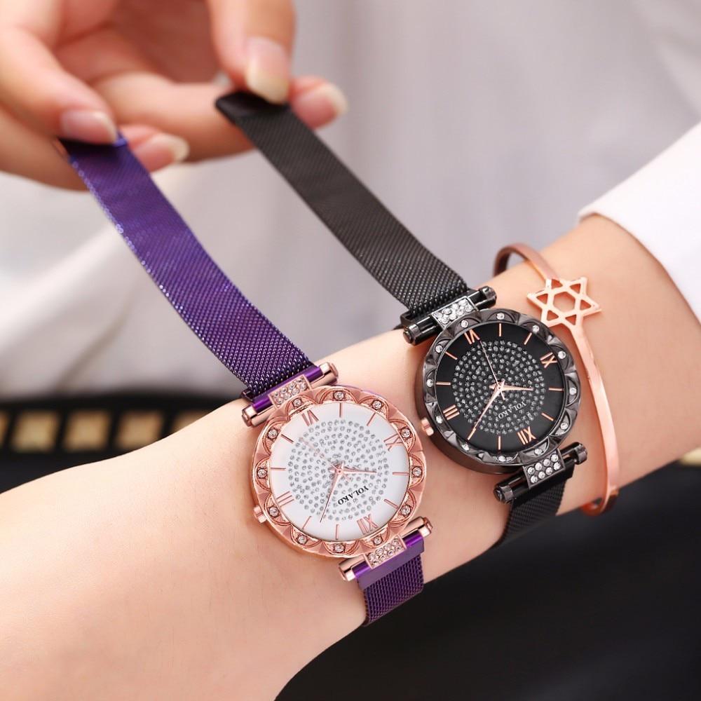 Moda damska klamra magnetyczna diamentowe zegarki na rękę Casual luksusowy damski pasek z siatki ze stali nierdzewnej zegarek kwarcowy