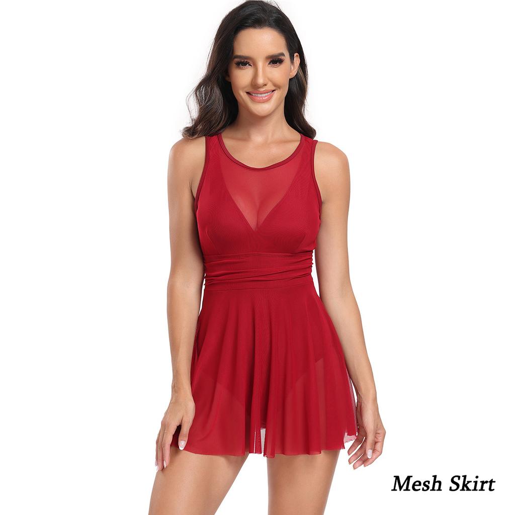 Women One Piece Swimsuit with Shorts Slim Mesh Hollow Out Design Solid Color Swimwear