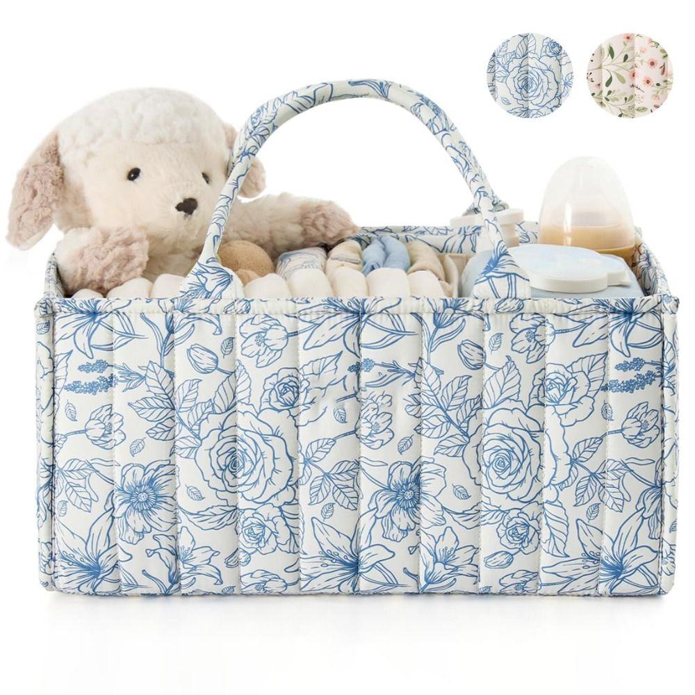 Floral Print Baby Diaper Organizer Bag Folding Large Capacity Diaper Caddies with Handle Mommy Bag for Travel Baby Essentials
