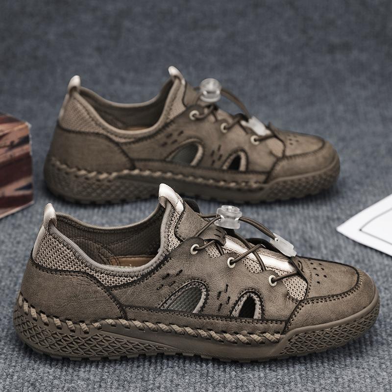 

Сетчатые дышащие кожаные мужские повседневные удобные сандалии для мужчин с защитой от столкновений и носком для походов, альпинизма и туризма 46 хаки