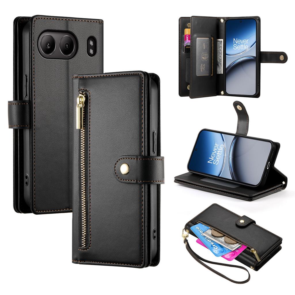 For OnePlus Nord 4 Case Zipper Pocket Wallet Leather Phone Cover with Straps