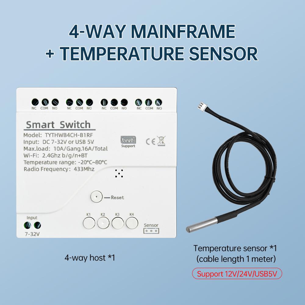

Tuya 4 Gang Smart Switch with Temperature or Humidity Sensor Passive Dry Contact 32V 250V Switch Relay Alexa Compatible 433Mhz