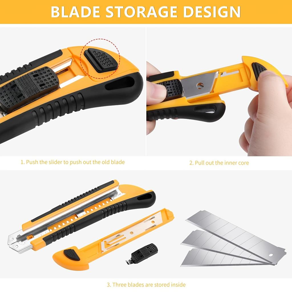 1 PC Utility Knife Box Cutter Retractable, Blade Storage Design, Extra 2 PCS Snap Off Blades Included, Quick-Change Blades Boxcu